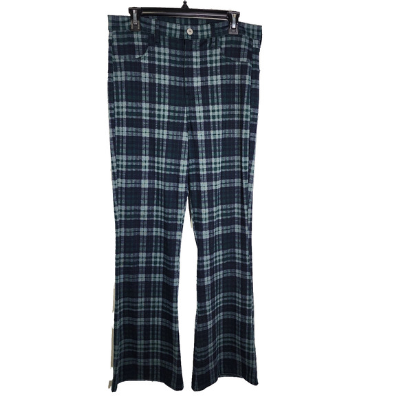 American Eagle Outfitters Pants - American Eagle Womens Flare Pants 12 Long Green Blue Plaid Knit Super Hi-Rise